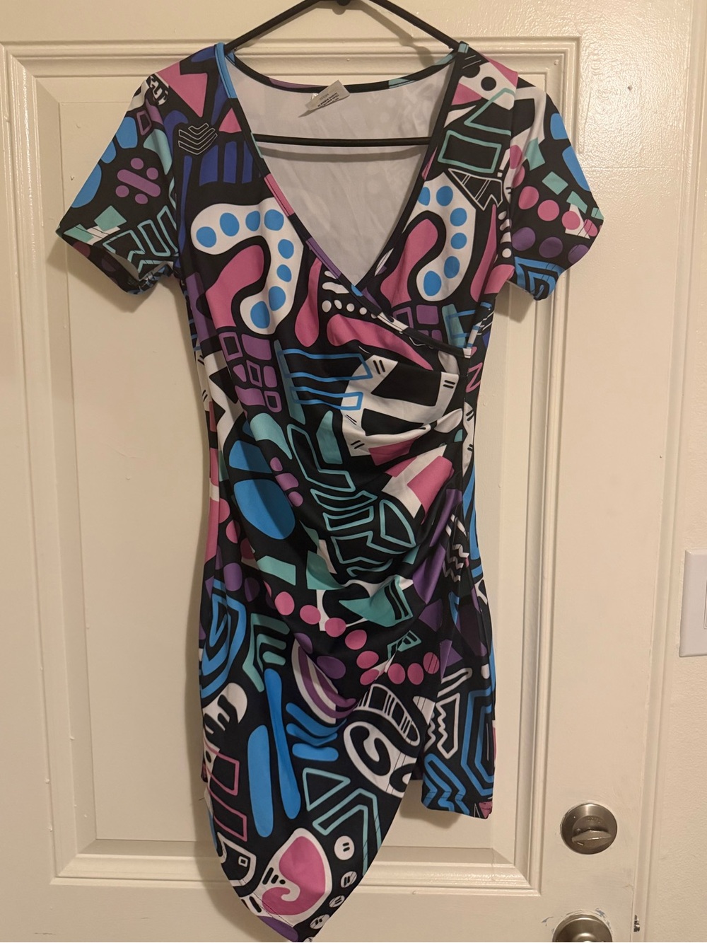 Abstract Geo Wrap Mini Dress in Black, Pink & Blue